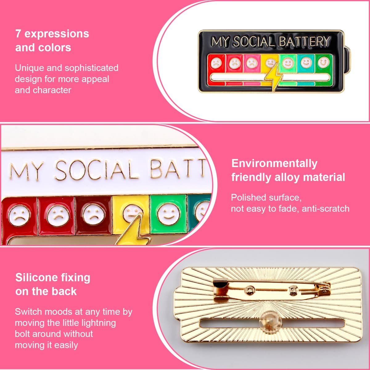 6 PCS Social Battery Pin, Mi Pin de Batería Social para el Estado de Ánimo, Broches de Esmalte Interactivos, Pins de Humor Creativos y Divertidos, Accesorios para Expresar Emociones — view 3