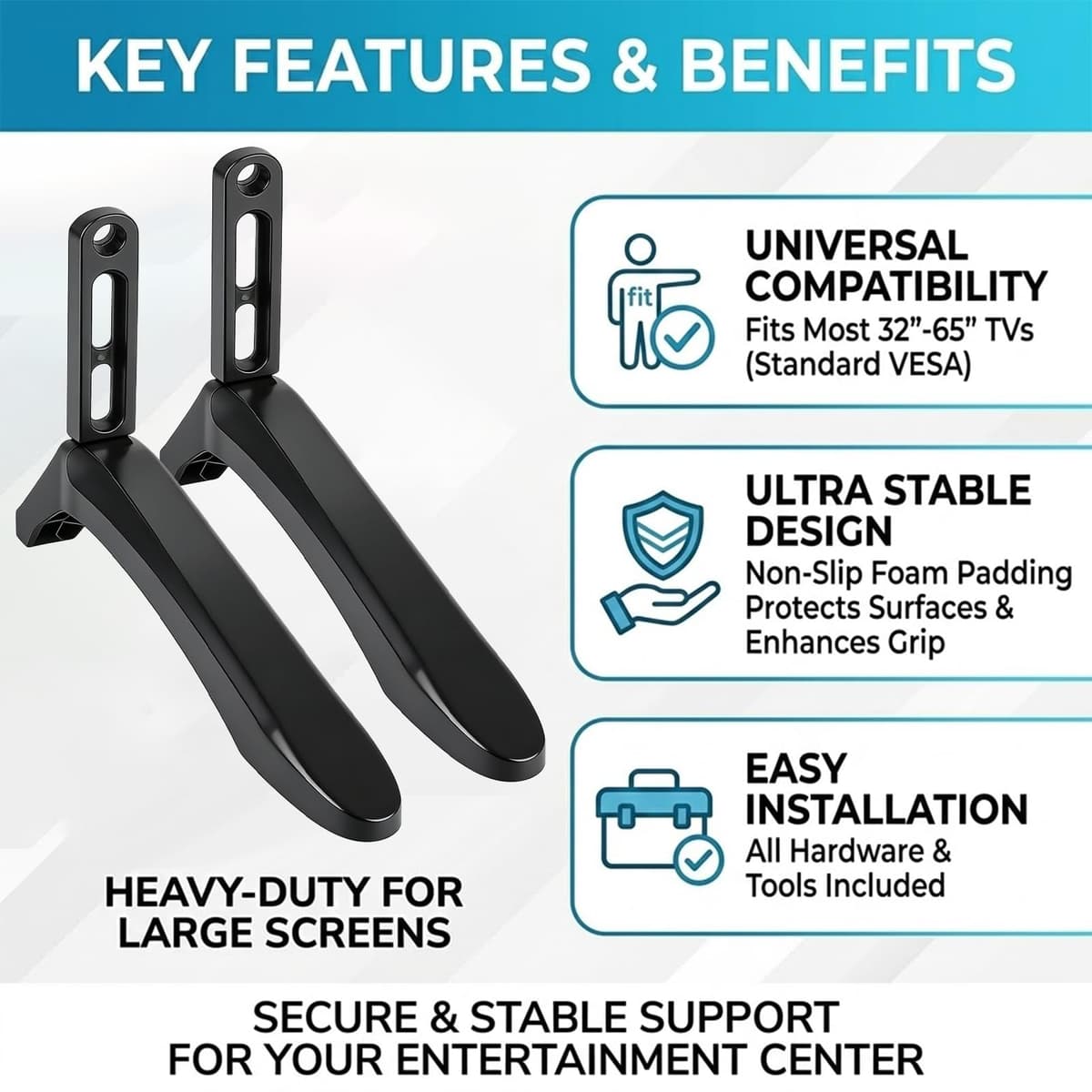Oavie Universal TV Stand Legs, 2 Pack Replacement Base Pedestal Feet for Flat Screen LED LCD Smart TVs, Heavy Duty Tabletop TV Stand with Anti-Slip Pads & Mounting Hardware, No Drilling Required — view 3