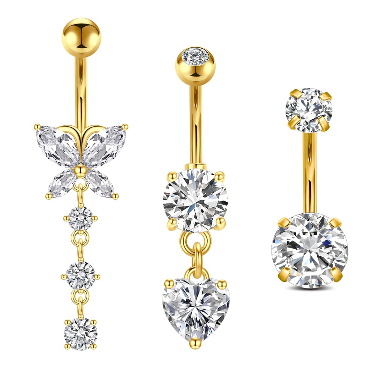 FECTAS 3pcs Belly Button Bars Silver Gold Belly Bar Surgical Steel 14G Navel Bars Belly Button Piercing Jewellery Heart Butterfly Dangle — view 6