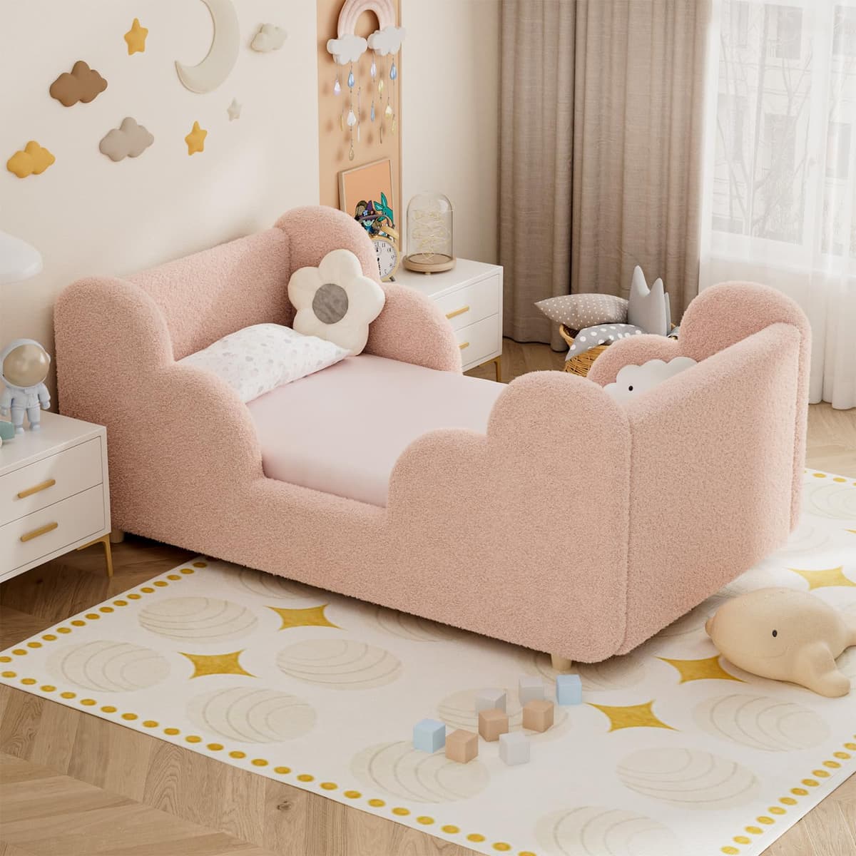 Toddler Bed, 140x70cm Soft Padded Kids Bed with Cloud-Shaped Safety Guardrails, Low Bed Frame for Girls Boys Children, Cot to Bed Transition (Mattress NOT Included) — view 2
