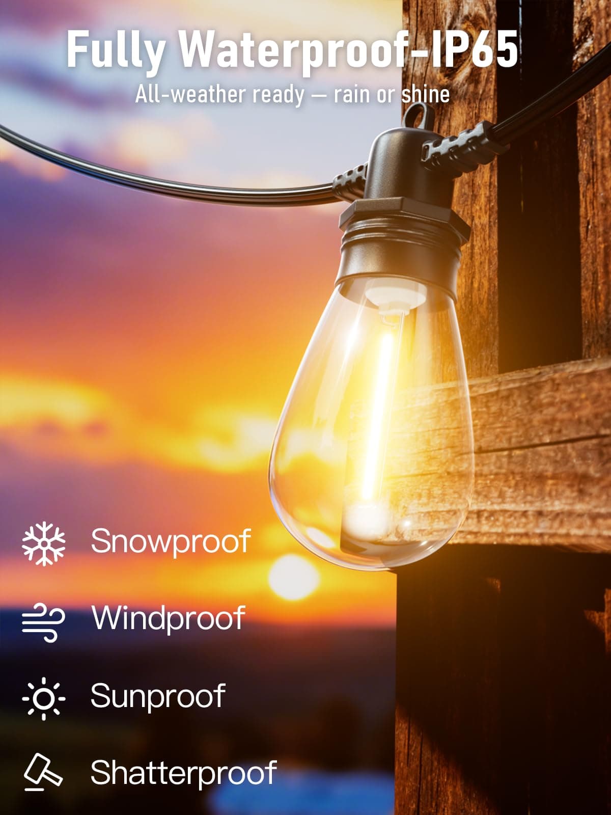 60FT LED Outdoor String Lights with 16+1 Edison Shatterproof IP65 Waterproof Bulbs, 2700K Dimmable Commercial Grade Patio Lights for Garden, Porch, Deck Decor — view 4