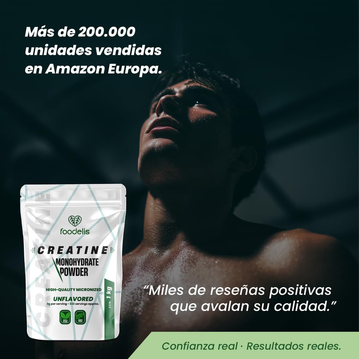 Foodelis Creatina Monohidratada en Polvo 1 kg / 333 Dosis - 100% Creatina Monohidrato Micronizada - Sin Sabor - Pura y Sin Aditivos - No-GMO - Alta Solubilidad - Incluye Dosificador — view 2