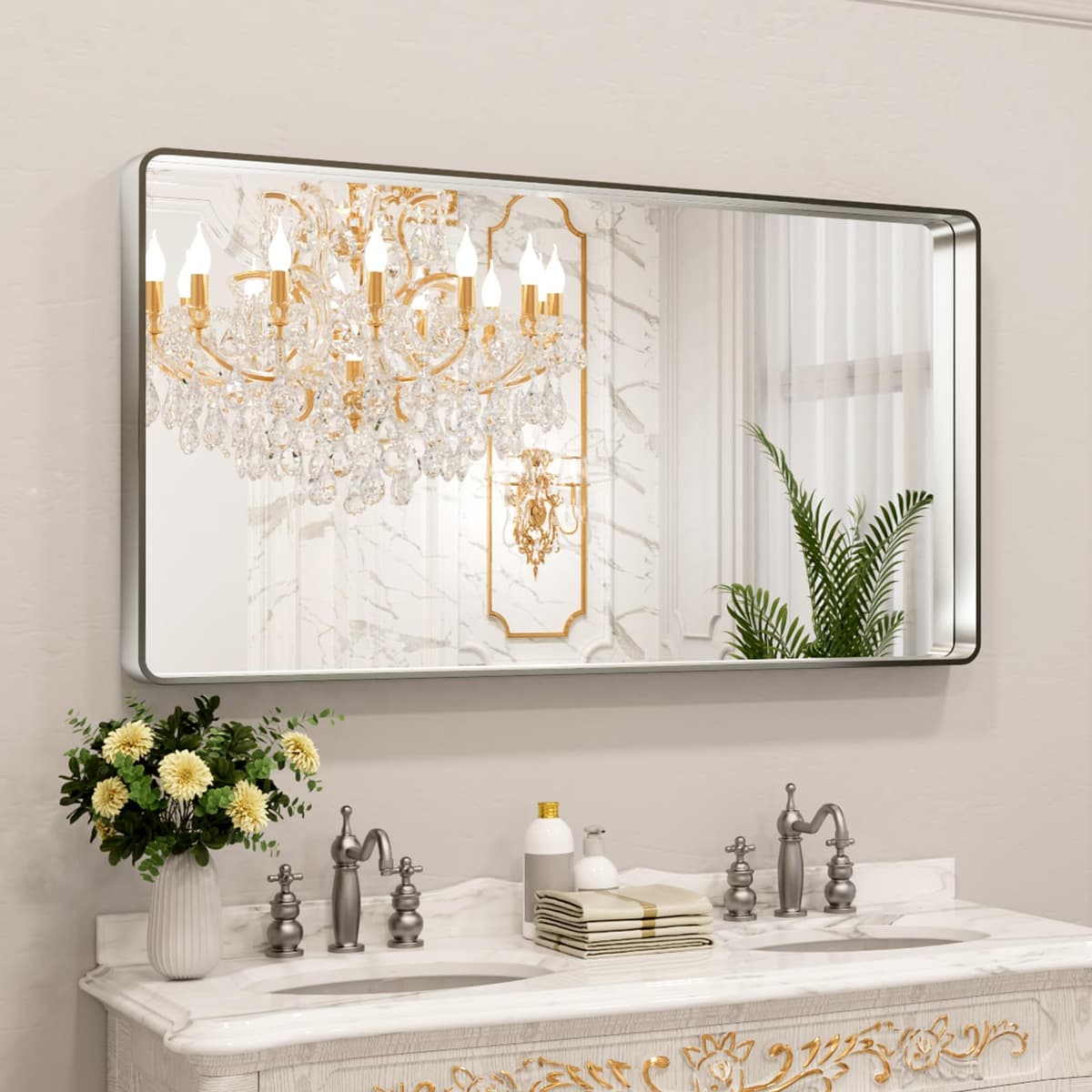 LOAAO 48”X36” Gold Bathroom Mirror, Rounded Rectangle Gold Frame Mirror, Brushed Gold Bathroom Vanity Mirror Wall-Mounted, Anti-Rust, Tempered Glass, Hangs Horizontally or Vertically — view 92
