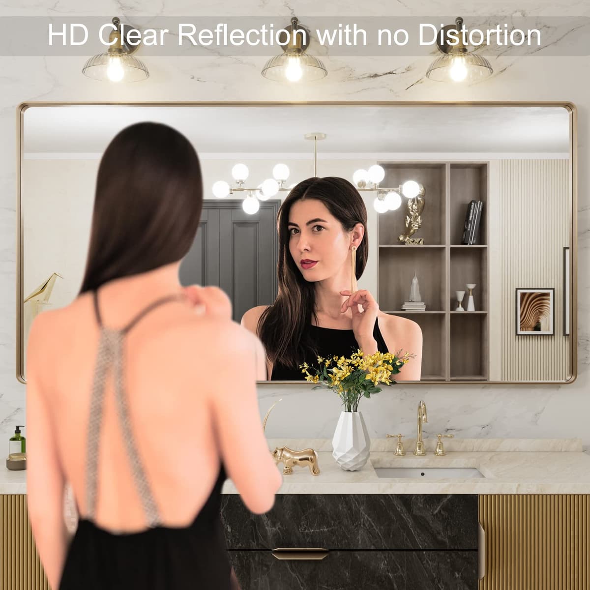 LOAAO 72”X36” Gold Bathroom Mirror, Rounded Rectangle Gold Frame Mirror, Brushed Gold Bathroom Vanity Mirror Wall-Mounted, Anti-Rust, Tempered Glass, Hangs Horizontally or Vertically — view 2