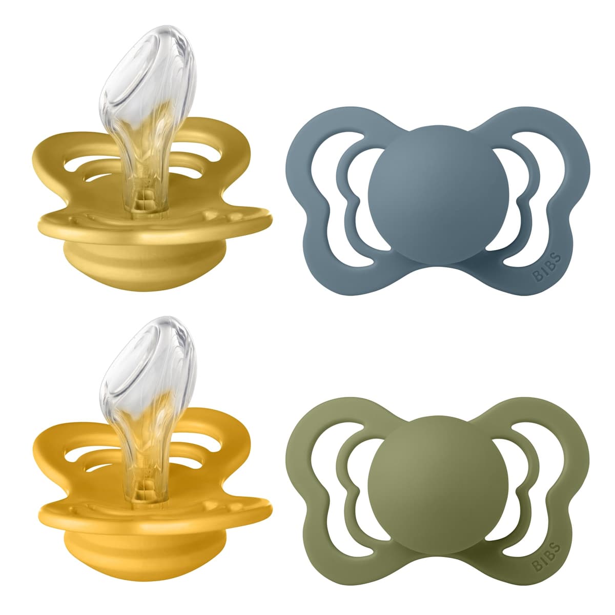 BIBS Couture Soother 4-Pack, BPA Free Dummy Pacifier, Orthodontic Nipple. Silicone, Size 2 (6-18 Months), Mustard Mix