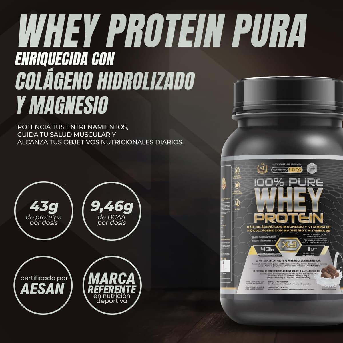 Healthy Fusion Whey Protein | Proteína Whey pura con Colágeno + Magnesio | Mejora tus entrenamientos | Protege y aumenta la masa muscular | 1000g de proteína (Chocolate) — view 2