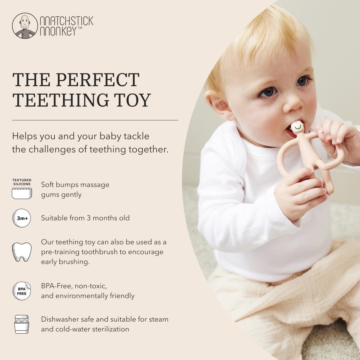 Matchstick Monkey, Original Teether & Gel Applicator, Antimicrobial Silicone Teething Toys for Baby, Easy to Grip, BPA Free, 3 Months Old+, 10.5 cm, Dusty Pink Monkey — view 3