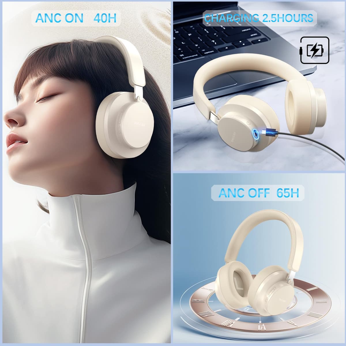 Noise Cancelling Headphones Wireless Bluetooth, Over Ear Headphones Bluetooth with Microphone, Cancelling Wireless Headphone Over Ear, 65h Playtime, Clear Calls, Comfort Fit For Travel (Beige) — view 2