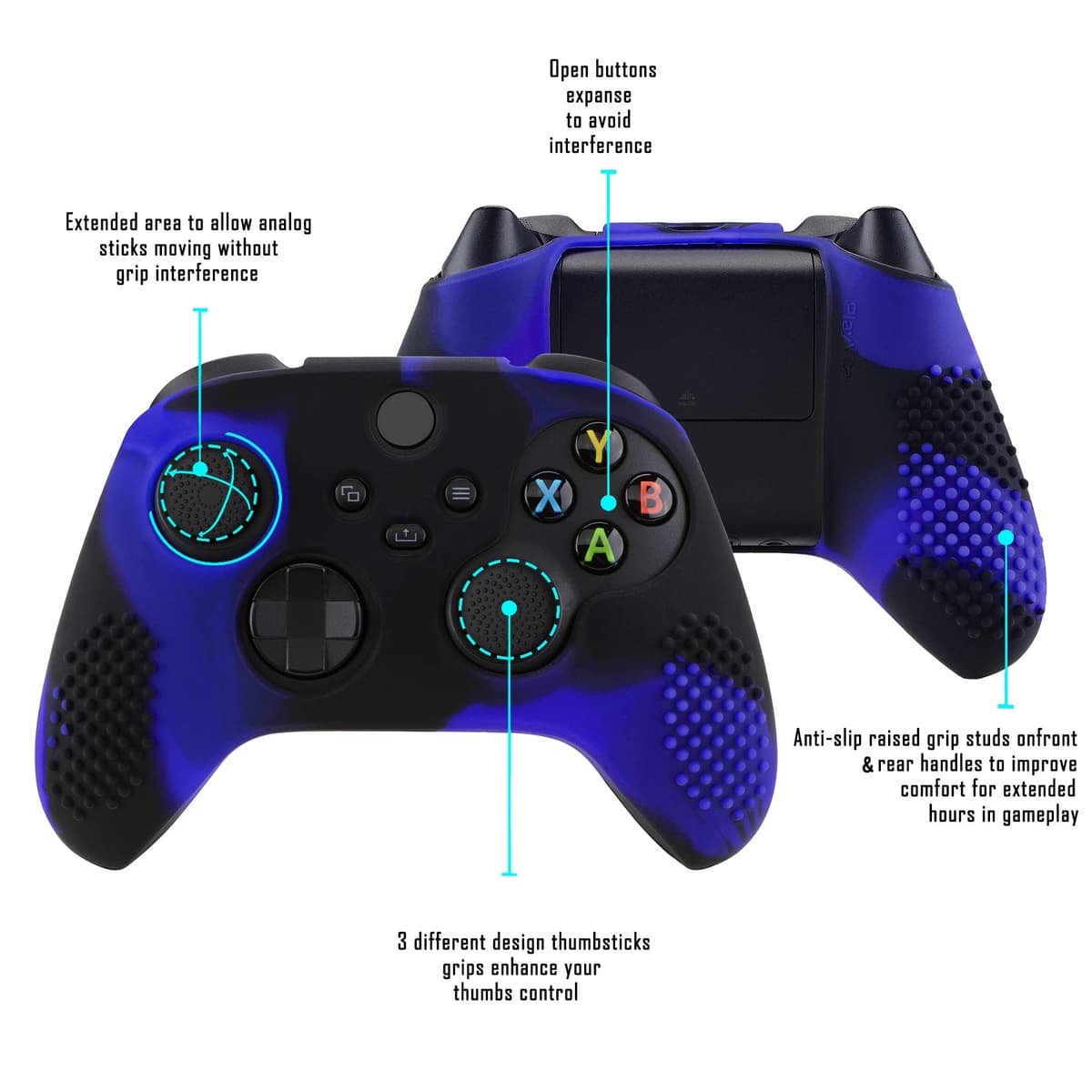 eXtremeRate PlayVital 3D Studded Edition Anti-Slip Silicone Cover Skin for Xbox Series X Controller, Soft Rubber Case Protector for Xbox Series S Controller with Black Thumb Grip Caps - Blue & Black — view 3