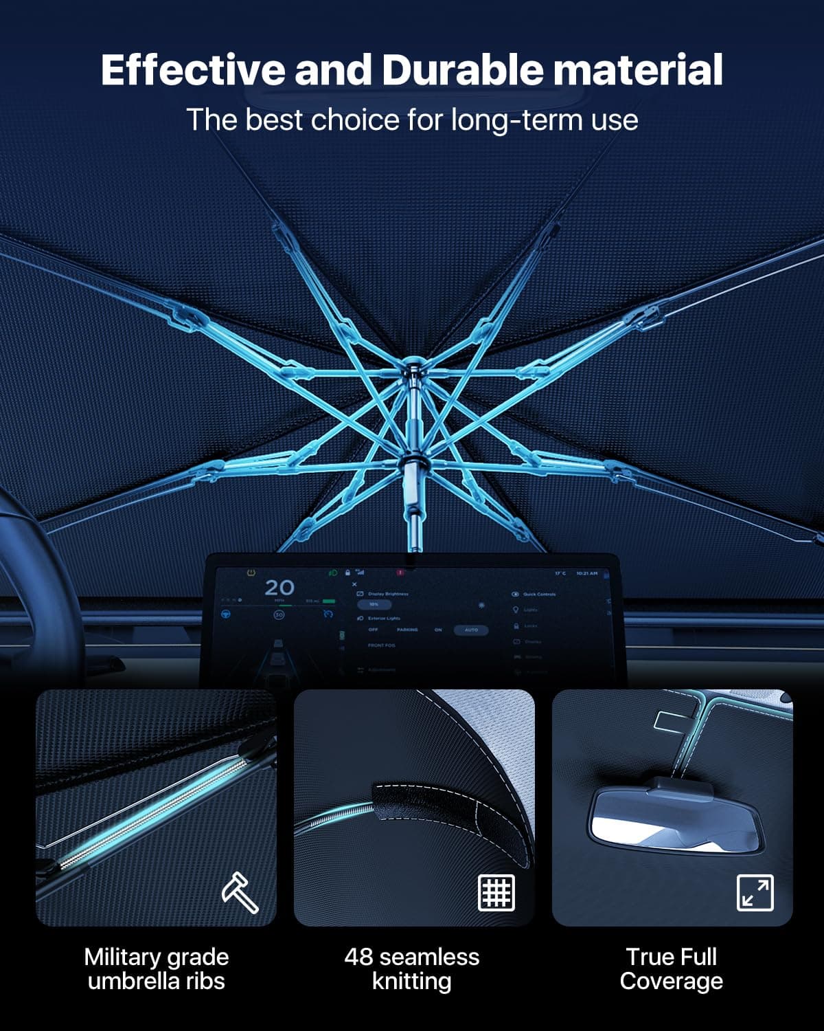 [Upgraded] Nmoiss Windshield Sun Shade Umbrella - [Vinyl Coating Heat Shield] Protect Car from Sun Rays & Heat Damage Keep Cool and Protect Interior, Spring Structure Edge Medium 56" L x 31" W — view 7