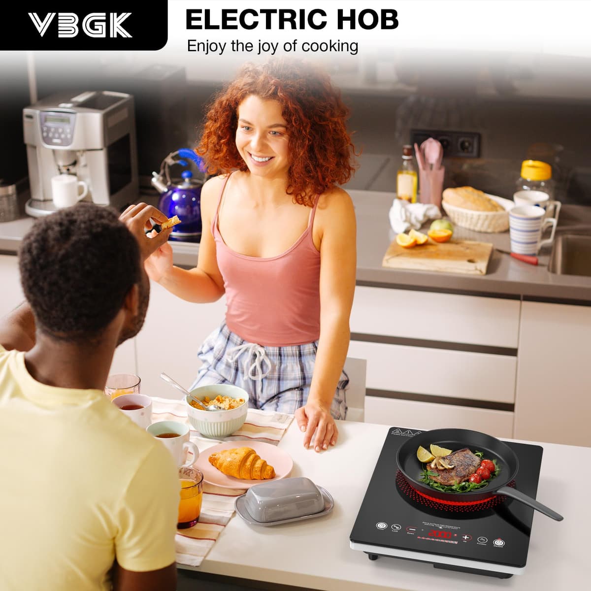 VBGK Electric Ceramic Hob with Plug-in, Single Electric Hob, Single Cooking Zone with LCD Touch Screen, 4-Hour Timer, 9 Power Levels Up to 2000W, Safety Lock, 220-240V — view 2
