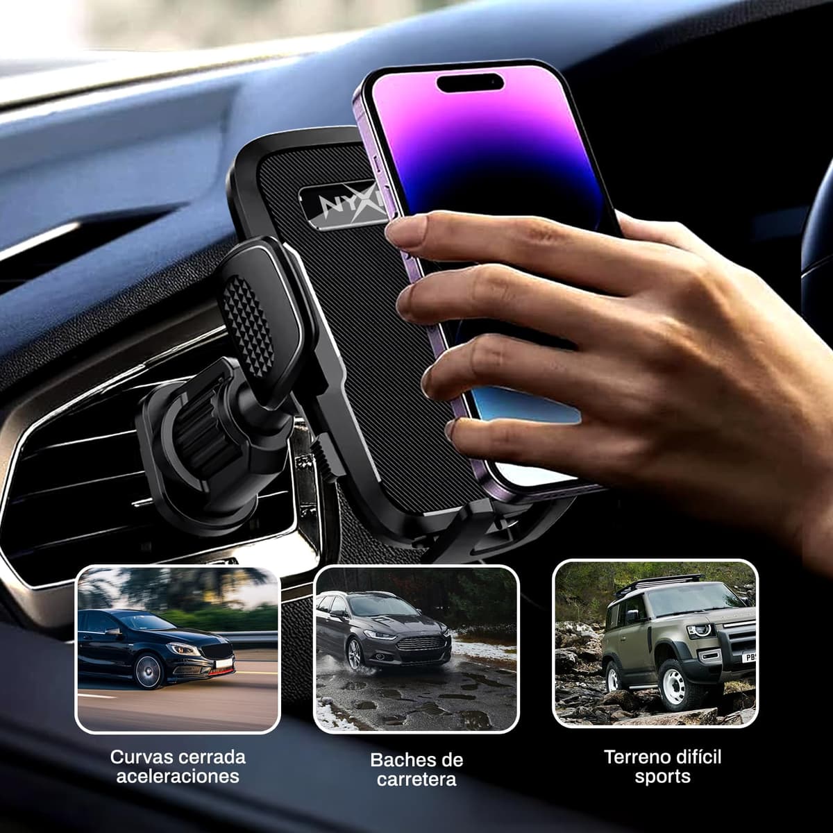 Nyxia Car Mobile Holder | Metal Hook | Universal Car Phone Holder for Super Stable Ventilation Grille | 360º Rotation | Use with One Hand | Compatible with Mobile Phone from 4 Inches to 7 Inches — view 3