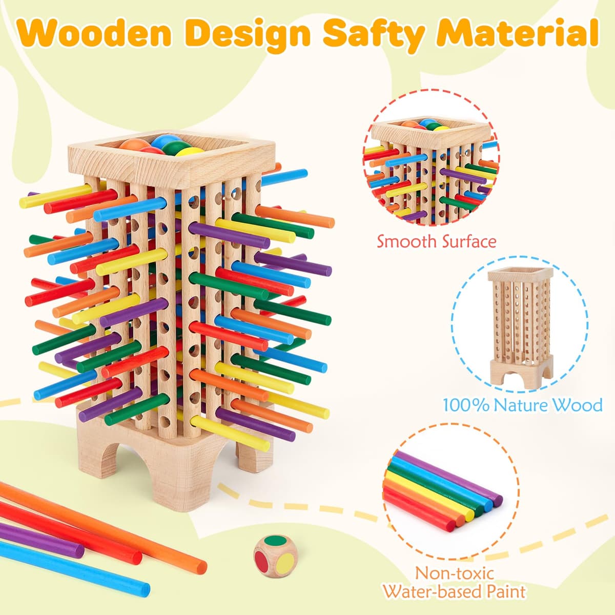 Montessori Game Wooden Board Games, 42 Colorful Wooden Sticks Dice Games Math Educational Toys for 3 4 5 6 Years Old, Fine Motor Skills & Counting Toy, Family Travel Game for Kids Gifts — view 2