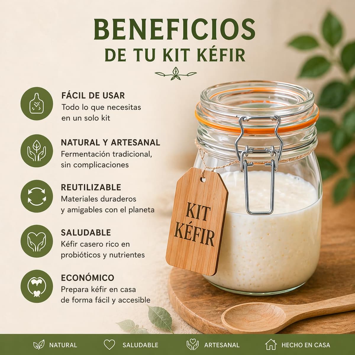 Kit kefir casero - MAGIC RAINBOW - Tarro de cristal con tapa 750 ml colador plástico cuchara madera paño textil y caja de inicio para preparación doméstica - Sin kéfir incluido — view 4