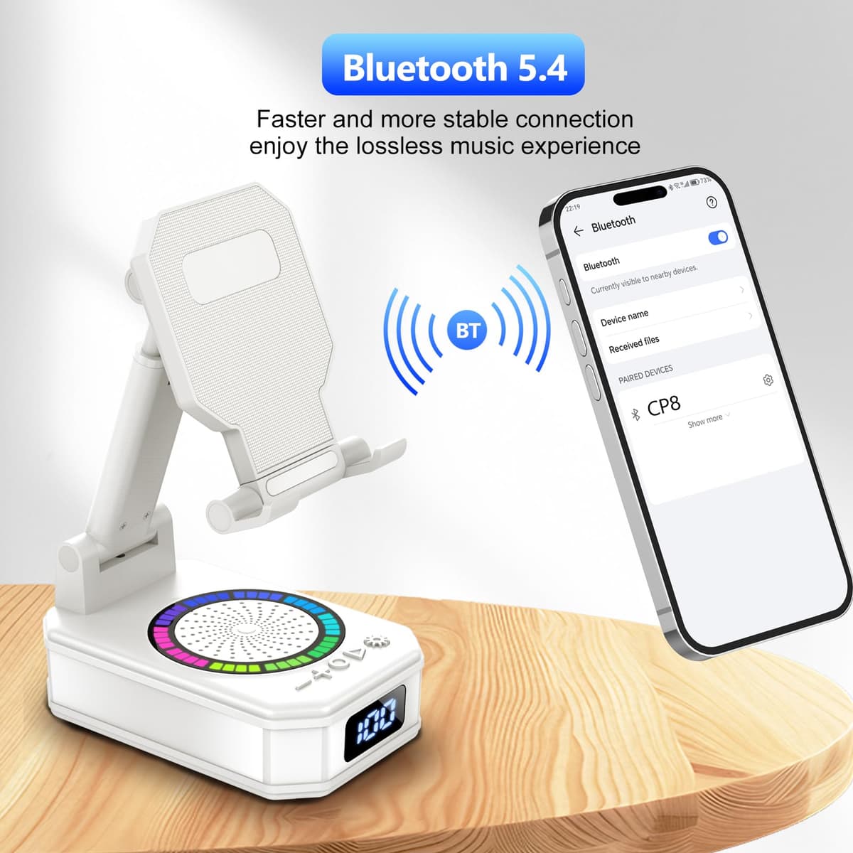 Altavoz Bluetooth Pequeño, Altavoz Portátil Bluetooth con Soporte para Móvil, Base Antideslizante, Sonido Envolvente HD, Recargable, Regalo Original para Hombre Mujer, Compatible con iOS y Android — view 4