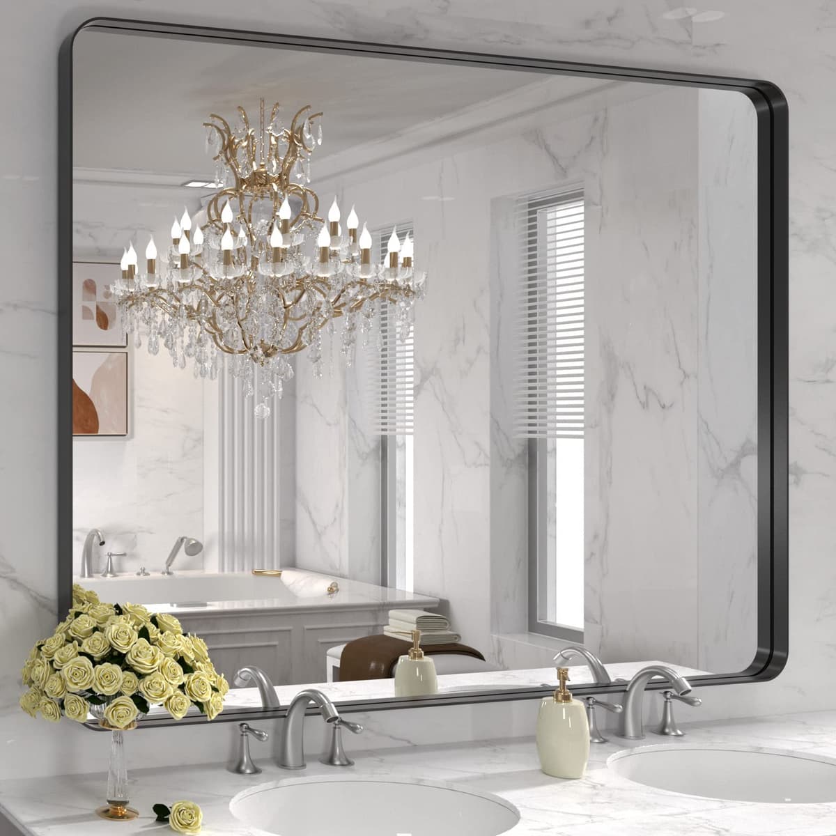 LOAAO 48”X36” Gold Bathroom Mirror, Rounded Rectangle Gold Frame Mirror, Brushed Gold Bathroom Vanity Mirror Wall-Mounted, Anti-Rust, Tempered Glass, Hangs Horizontally or Vertically — view 105