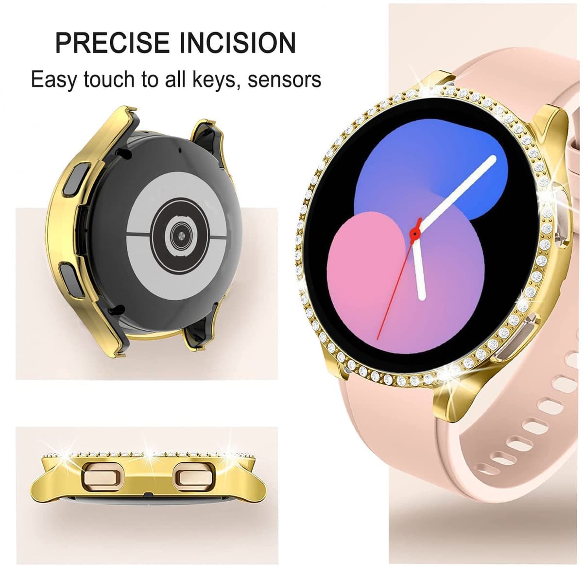 DEALELE [2-PACK] Case Compatible with Samsung Galaxy Watch 5/4 44mm, Bling Single-Row Diamond PC Protective Case Replacement Watch Cover Bumper (44mm, Gold+Transparent) — view 2