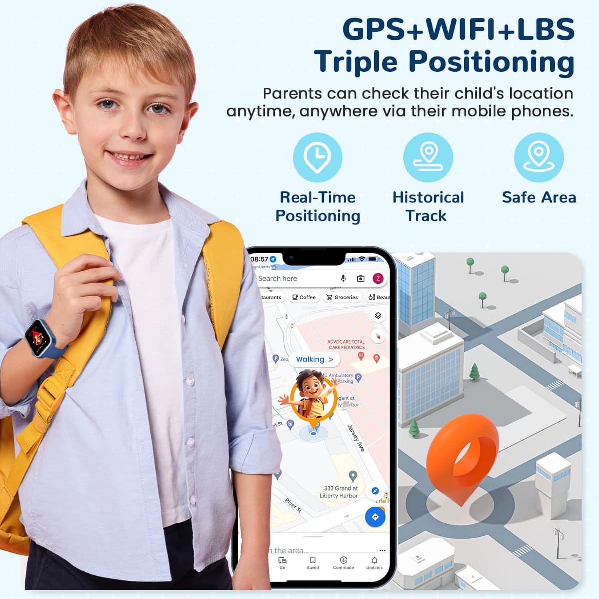 Oliimptek 2026 Nuevo Reloj Inteligente Niño, Smartwatch Niños con Llamadas y GPS, Videollamadas/Chat de Voz/WhatsApp/WiFi/SMS/SOS/Modo Escuela/Dormir/Despertador, IP68 Reloj Niño y Niñas Azul 4-14 Año — view 3