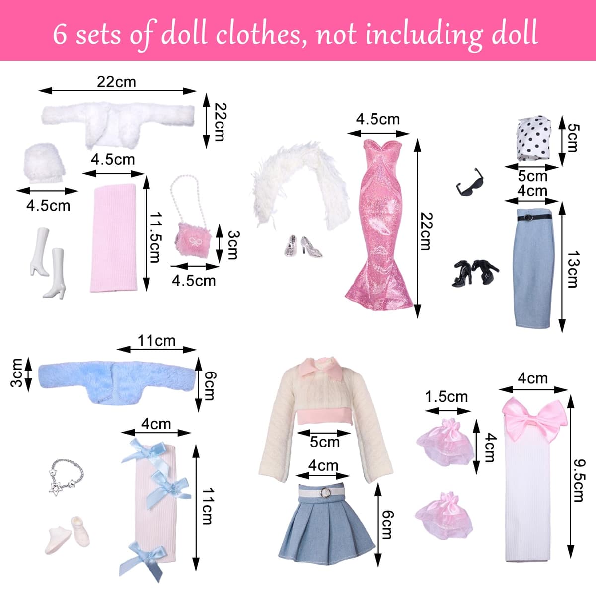 20 Pieces Clothes and Accessories, Compatible with Barbie Dolls, Fishtail Dress, Leather Skirt, Jersey Skirt, Fitted Dress and 2 Fur Dress and Coat for 11.5 Inch Doll — view 2