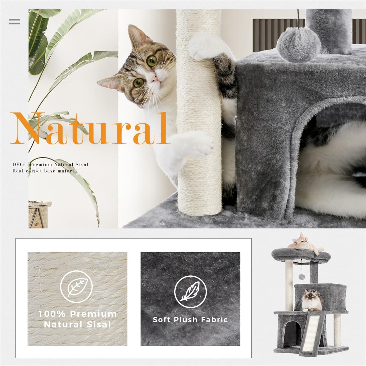 PETEPELA Cat Tree 90cm Cat Tower with Double Condos, Removable Spacious Perch, Fully Wrapped Scratching Posts for Indoor Cats, Replaceable Dangling Balls, 35 Inches Grey — view 3