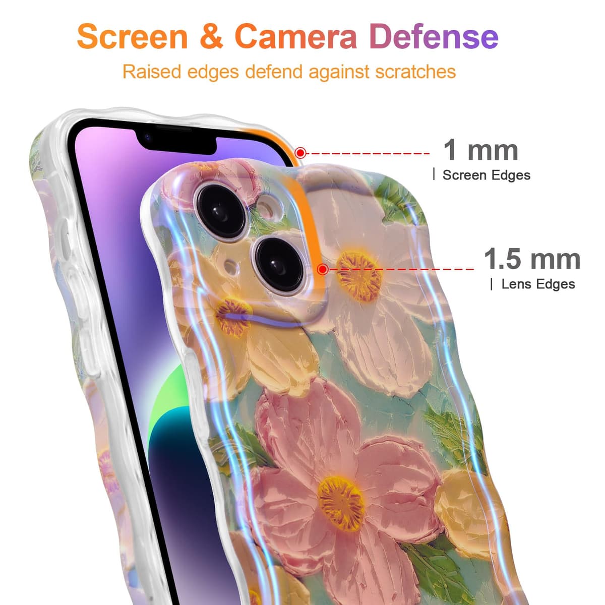 EYZUTAK Case for iPhone 15, Colorful Retro Oil Painting Flower Laser Beam Glossy Pattern Cute Curly Waves Border Exquisite Phone Cover Stylish Durable Soft TPU Protective Case for Girls Women - Green — view 4