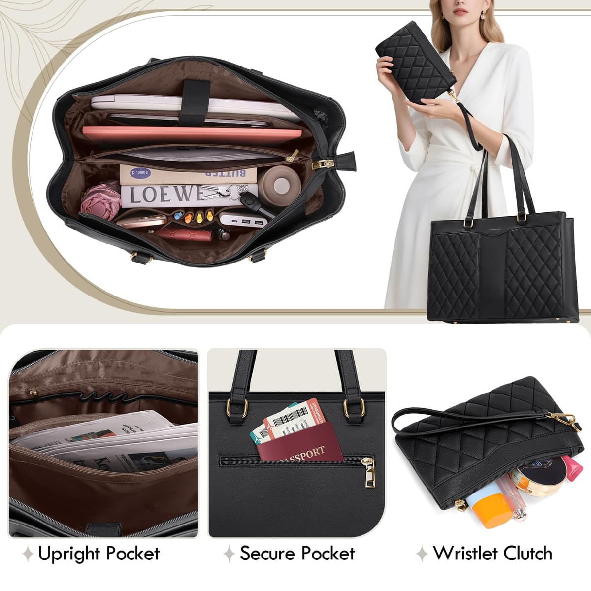 RAINSMORE Laptop Bags for Women 15.6 Inch Work Tote Bags with Clutch, Waterproof PU Leather Ladies Laptop Handbags for Office Business College Black — view 4