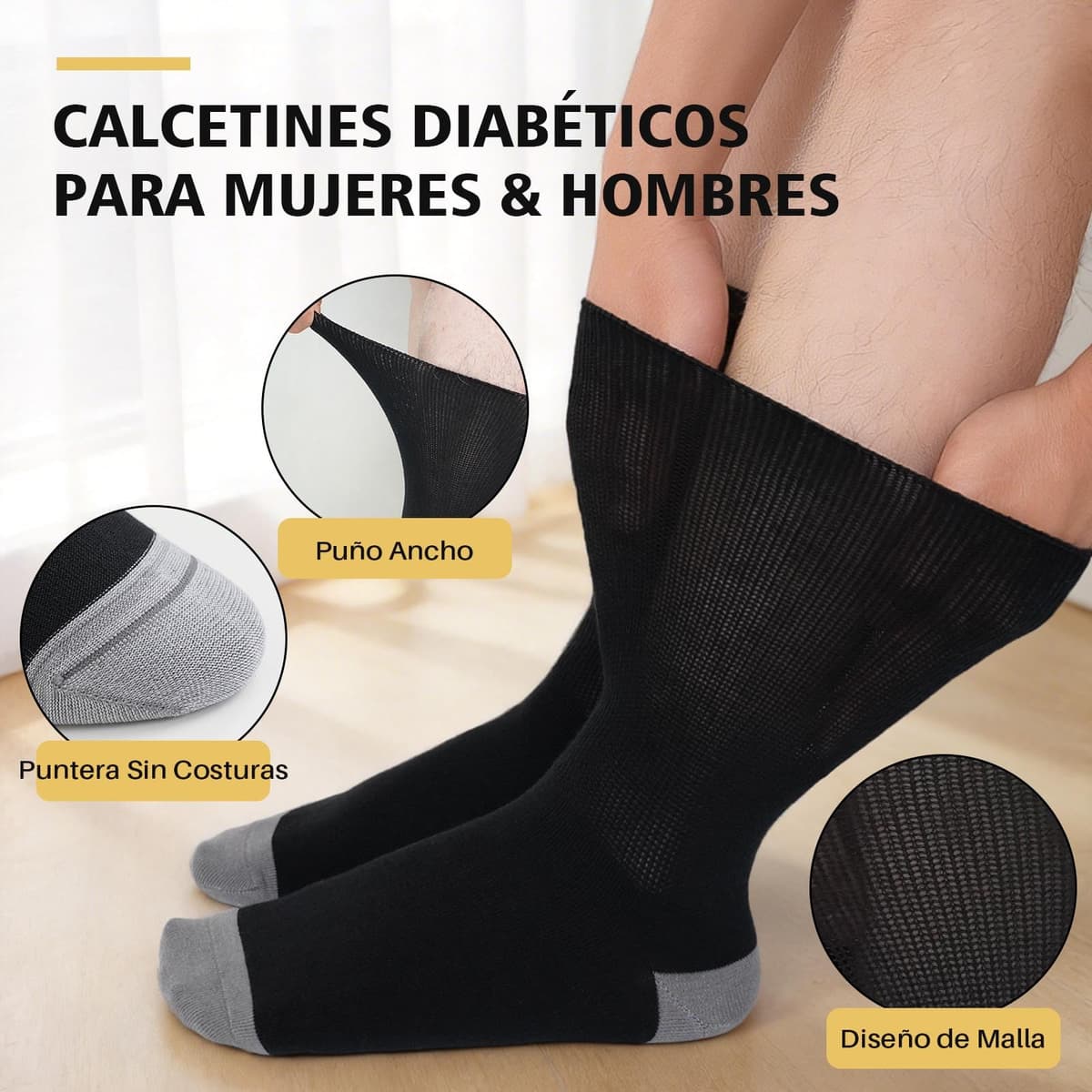 PUTUO Calcetines Diabeticos para Hombre Mujer: Calcetín sin Elastico y sin Costuras de Algodón para Hombres - Calcetines Extra Anchos para Pies Hinchados 6 pares — view 4