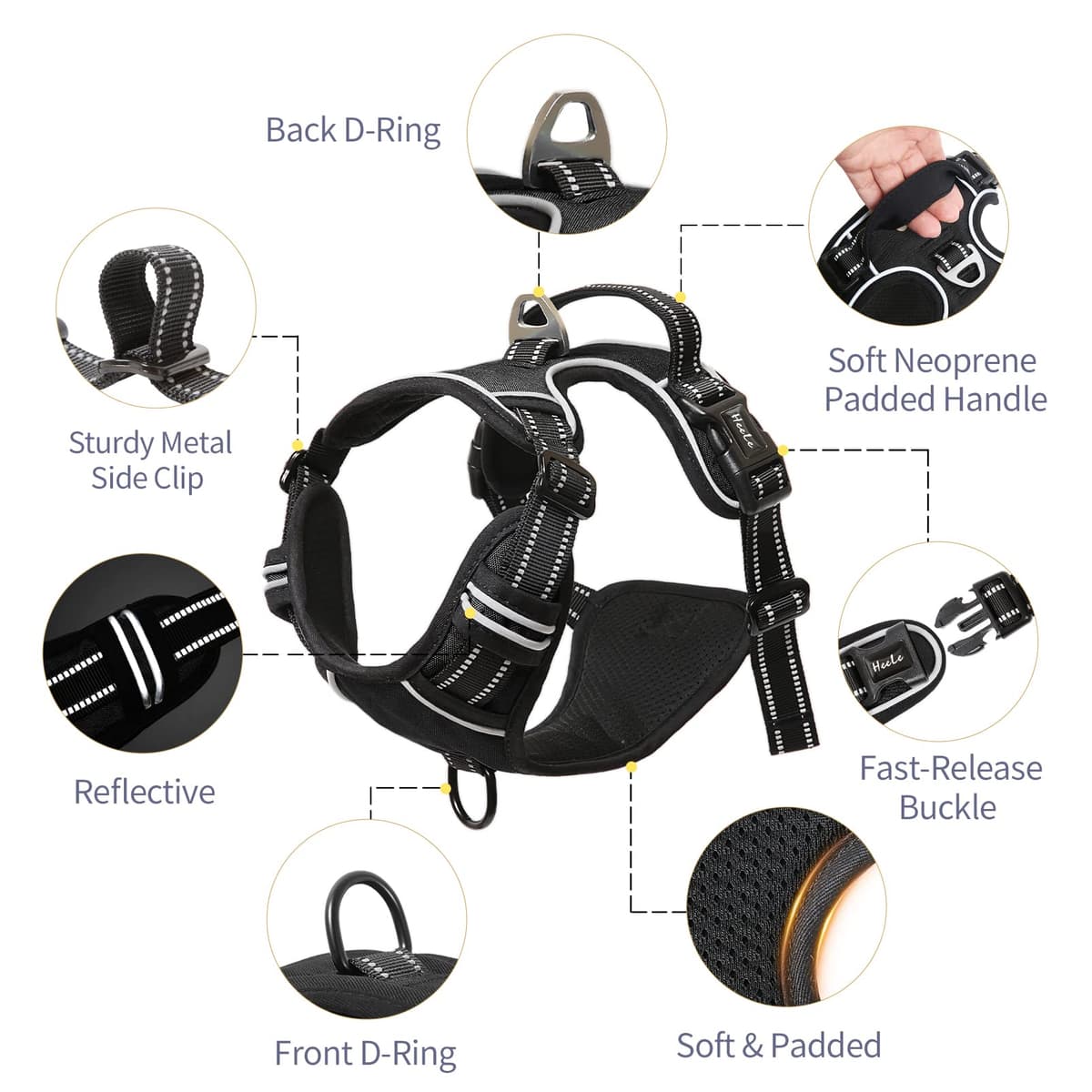 HEELE Dog Harness Medium No Pull Dog Vest Harness with Soft Handle Reflective Pet Harness for Outdoor Training Walking, Black, M — view 2