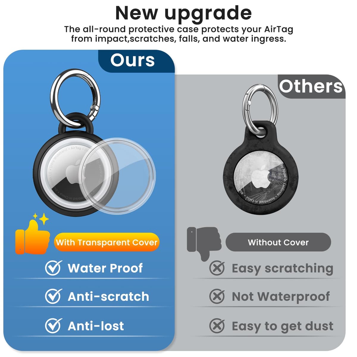 AirTag Holder Waterproof Silicone Case with Keyring, 2026 Upgraded Protective AirTags TPU Case Tracker Cover for Keys, Bags, Luggage, Pet Collars,Scratch-Resistant for Apple Air Tags (Black) — view 4