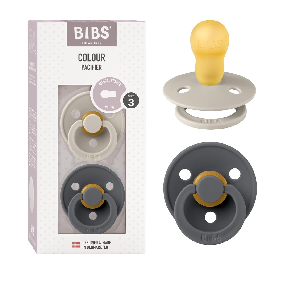 BIBS Colour Soother 2-Pack, BPA Free Dummy Pacifier, Round Nipple. Natural Rubber Latex, Size 2 (6-18 Months), Sky Blue/Steel Blue — view 79