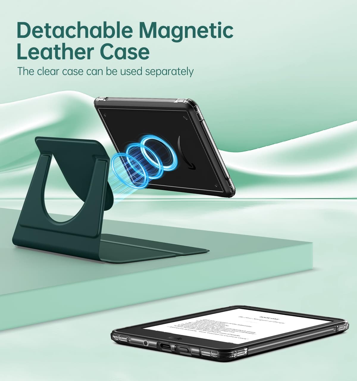 MoKo 360° Rotating Case for 6" All-New Kindle (11th Generation-2024/2022 Release), Clear Back Detachable Magnetic Protective Adjustable Stand Cover with Auto Wake/Sleep, Midnight Green — view 3