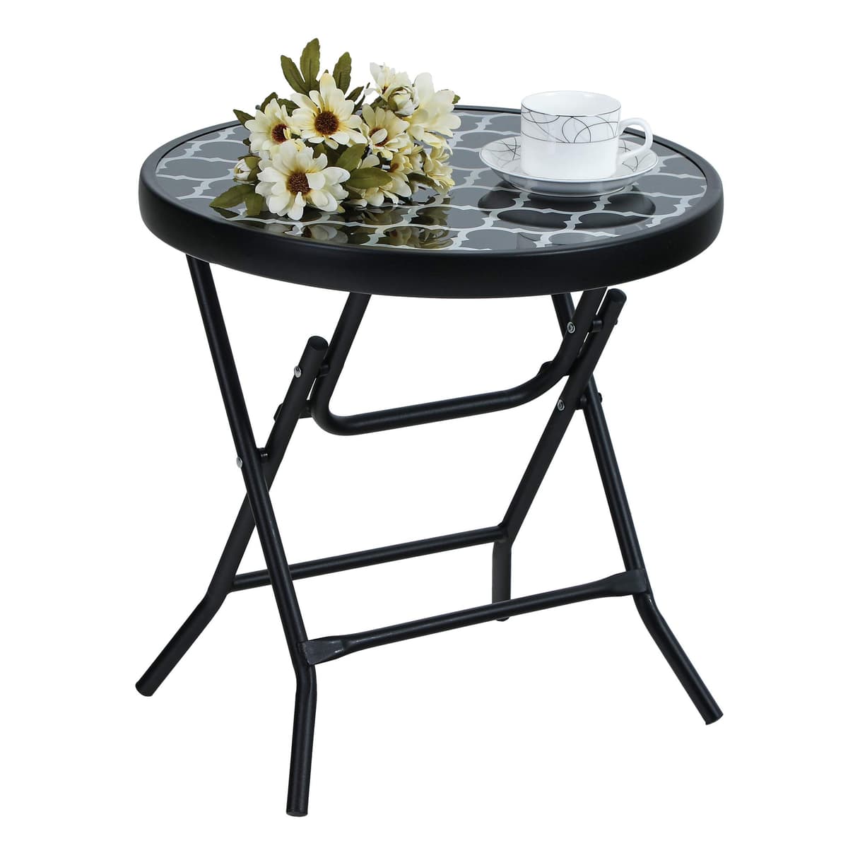 PHI VILLA Folding Side Table, Foldable Coffee Table, Outdoor Garden Table, Small Round Patio Table - Black Grid