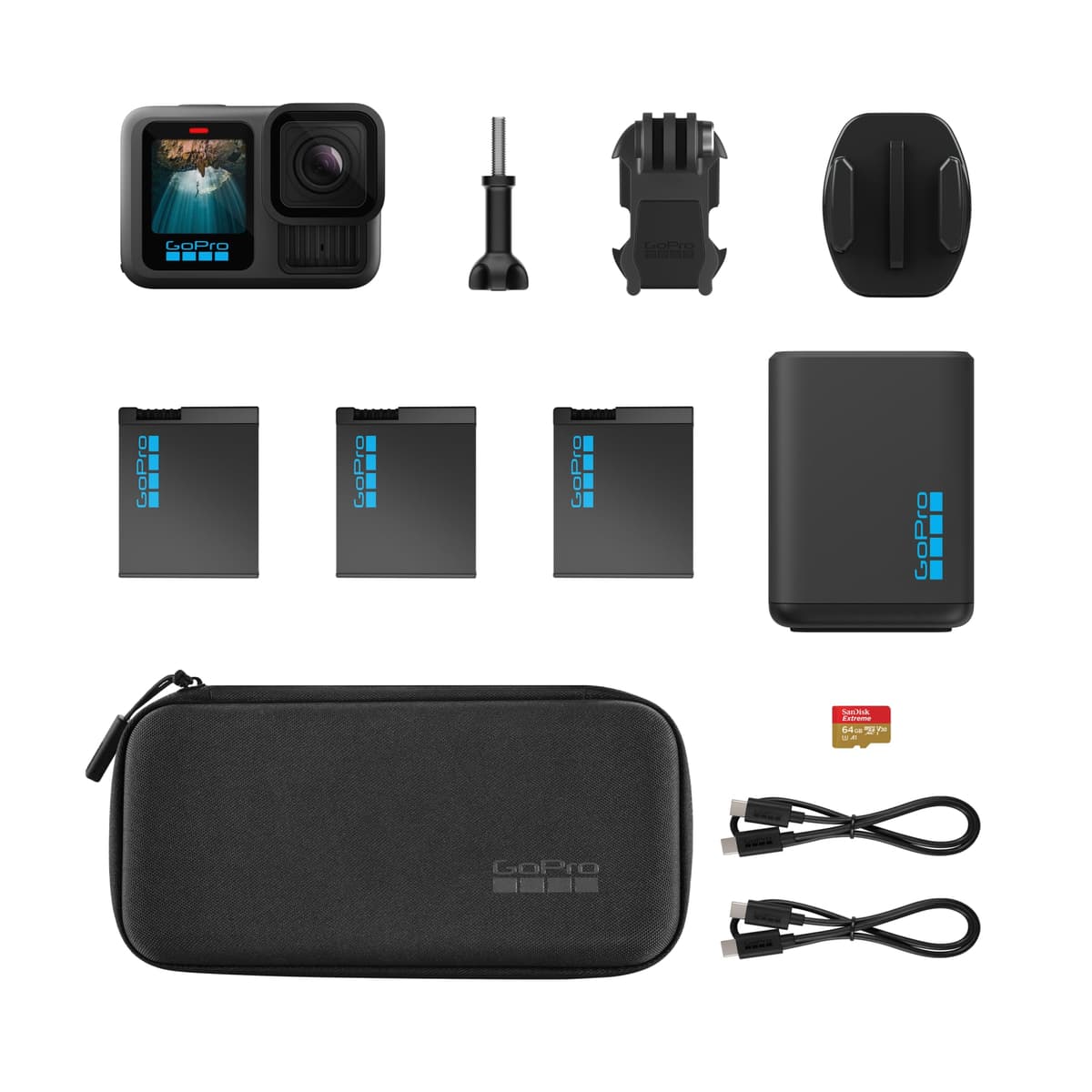 GoPro HERO13 Black Extended Power Bundle - Includes Dual Battery Charger, 3 Enduro Batteries, 64GB microSD Card, Curved Adhesive Mount, and Camera Case — view 6