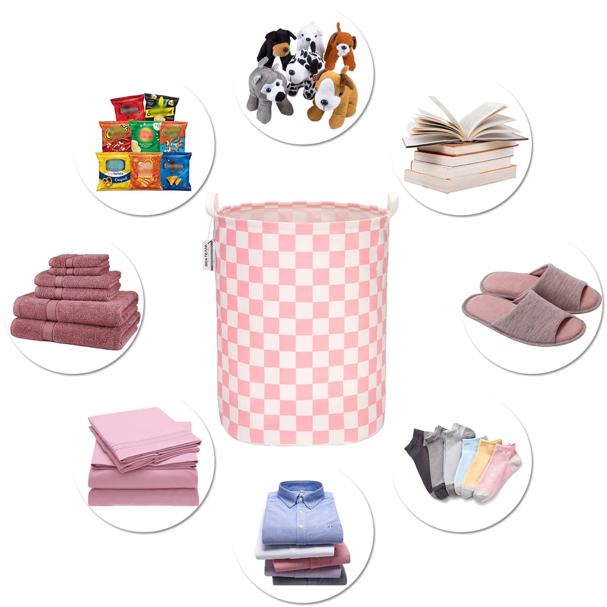 Sea Team 19.7 Inch Large Sized Waterproof Coating Ramie Cotton Fabric Folding Laundry Hamper Bucket Cylindric Burlap Canvas Storage Basket with Stylish Grid Pink Design — view 6