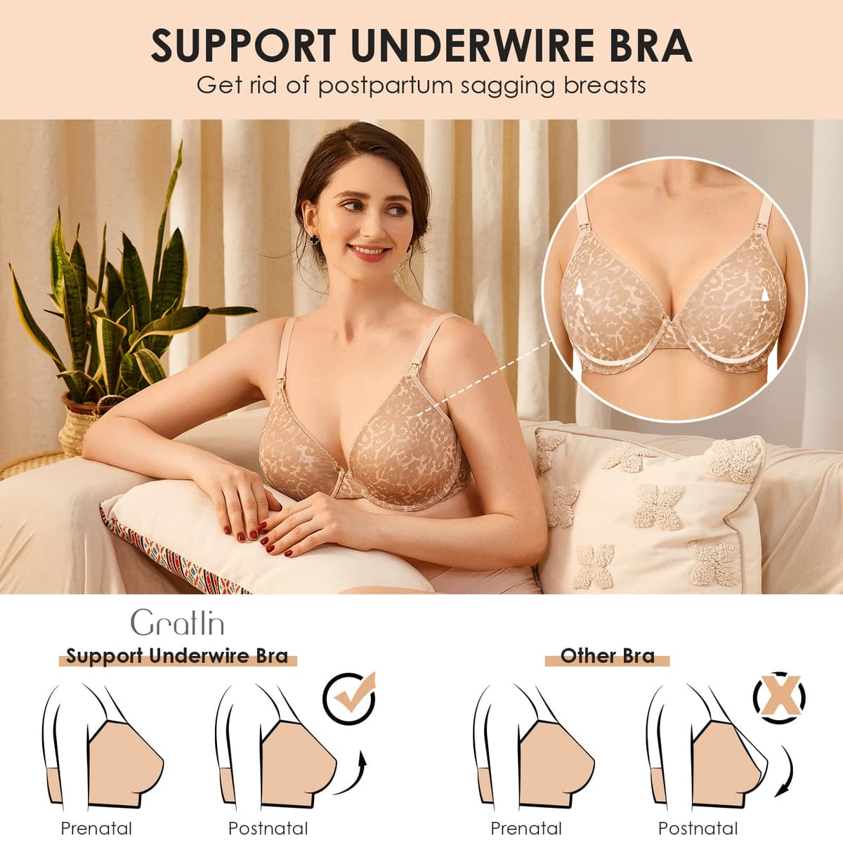 Gratlin Women's Full Cup Lightly Lined Plunge Underwire Maternity Nursing Bra — view 4