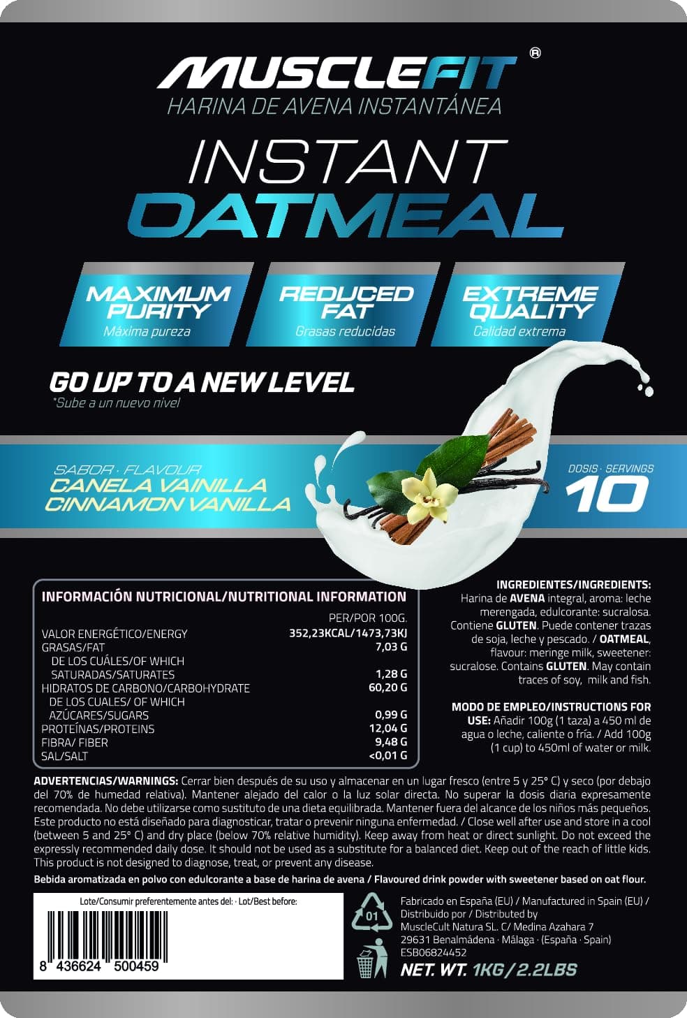 MuscleFit Harina de Avena Integral | 1kg de Avena Molida | Sabor Vainilla y Canela | Oatmeal | Bajo en grasas — view 2