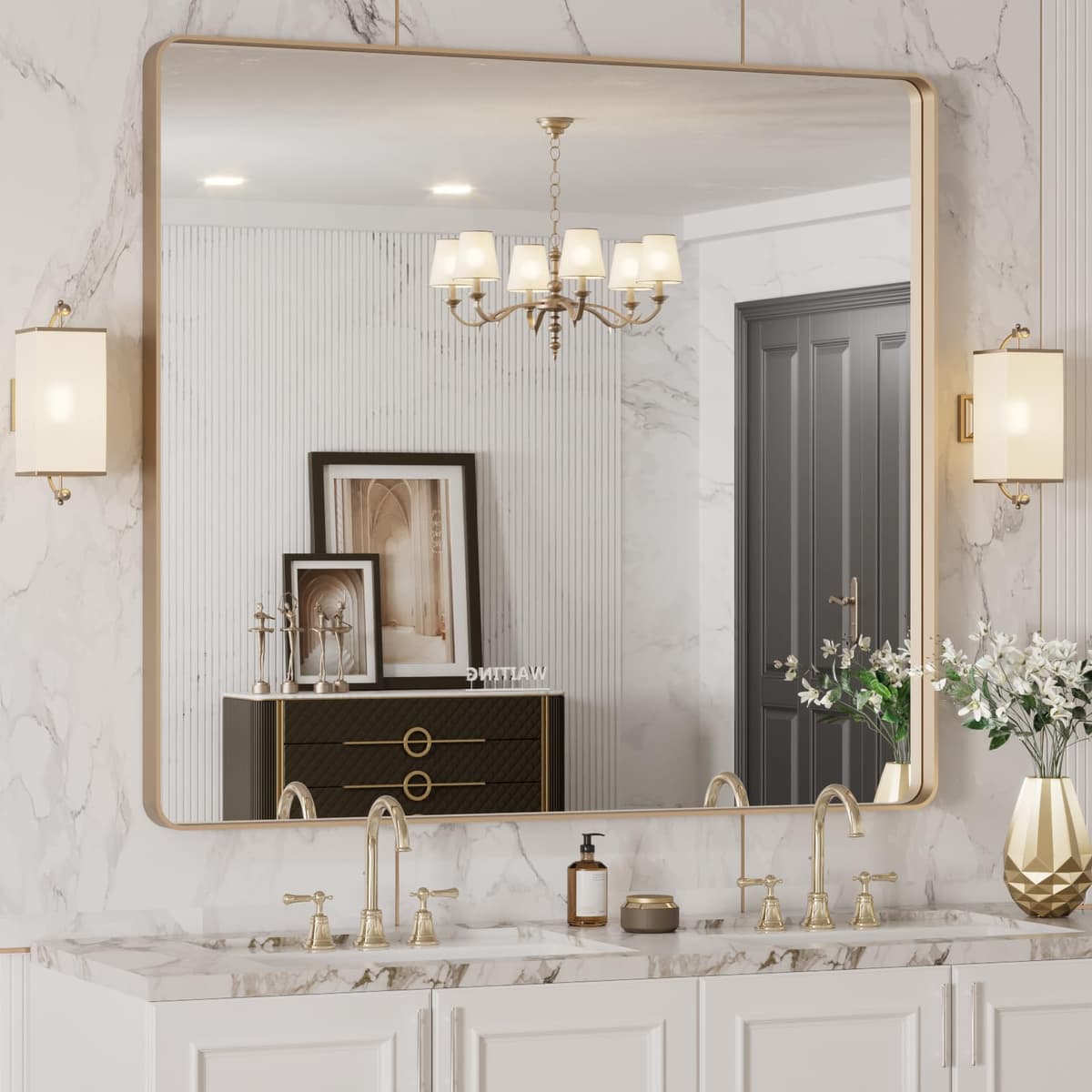 LOAAO 48”X36” Gold Bathroom Mirror, Rounded Rectangle Gold Frame Mirror, Brushed Gold Bathroom Vanity Mirror Wall-Mounted, Anti-Rust, Tempered Glass, Hangs Horizontally or Vertically — view 31