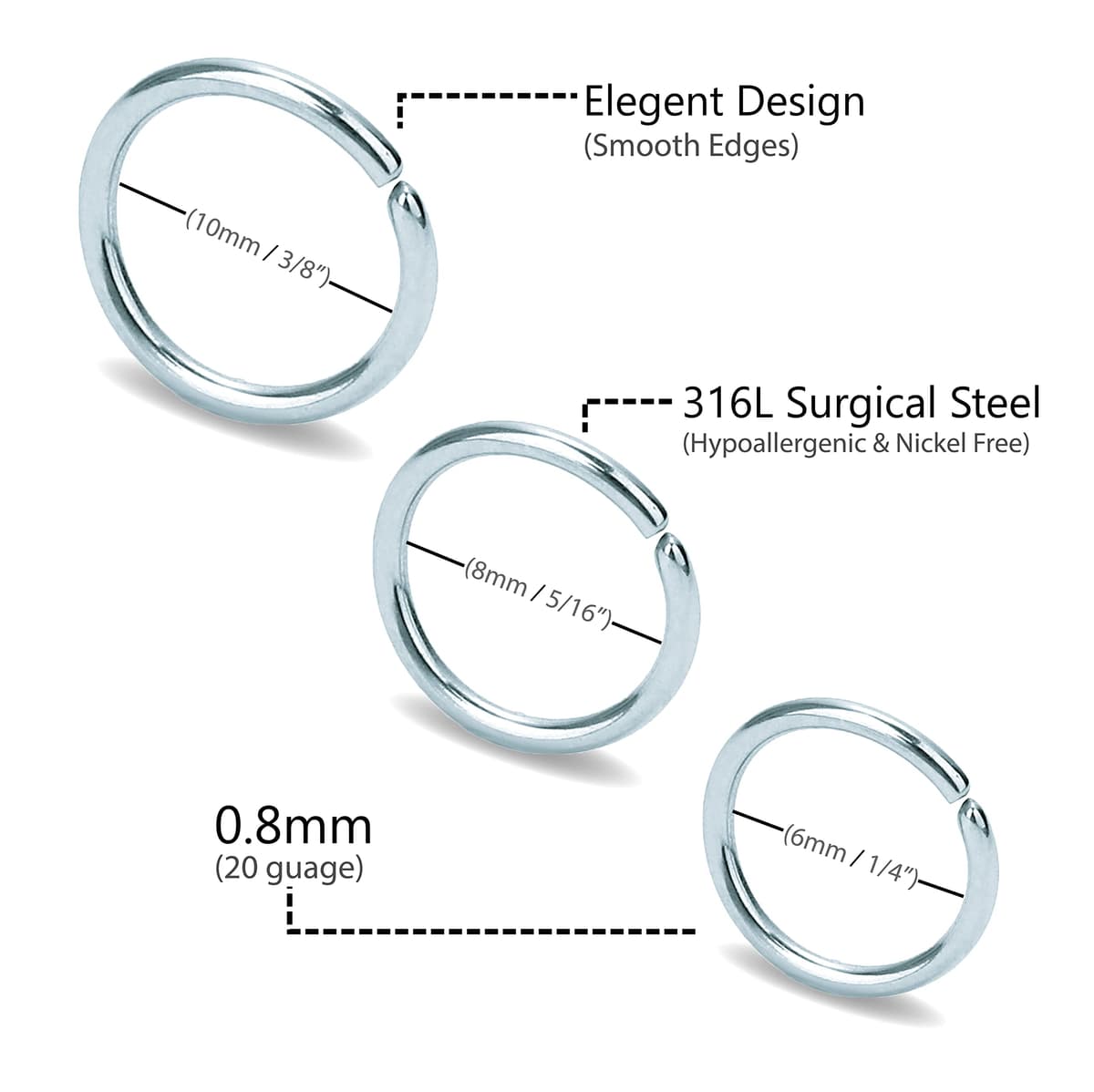 VYIZERR 3pk Silver Nose Rings Hoops Thin Snug Surgical Steel Nose Septum Tragus Earring lip Nostril Piercing Jewelry for Women, 20g guage + 3 Size in 1- Pack 6mm 8mm 10mm — view 2