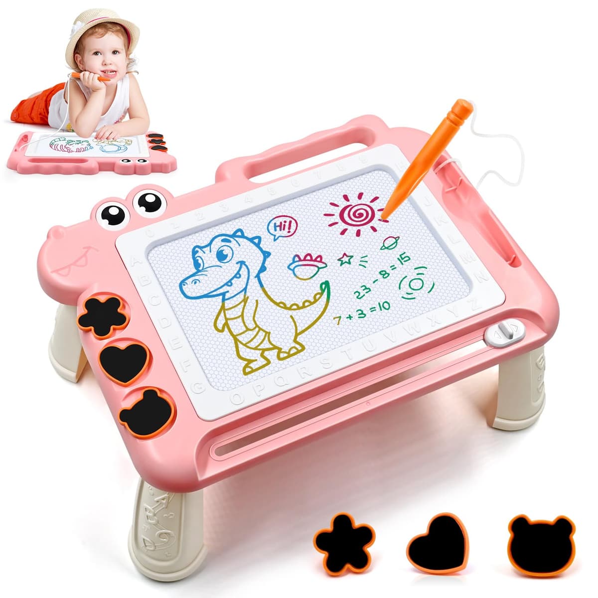 Dinosaurio Pizarra Magnética Infantil Juguetes 3 4 5 Años, Pizarra Magica Colorido Juegos Educativos Regalos para Niñas y Niños 3-5 Años, Viaje Juguetes con 4 áreas Color 3 Sellos 1 Bolígrafo, Azul — view 9