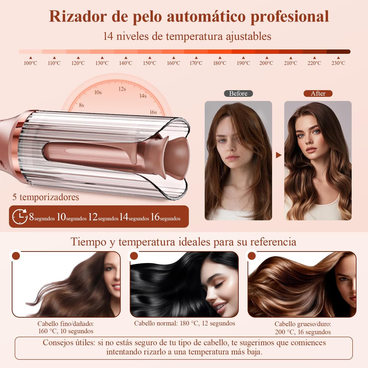Rizador Automático Pelo Ondas Automatico: Rizador de pelo Automatico de 25 mm con 14 Temperaturas y 5 Temporizadores - Hair Curler Portátil con Pantalla LED, Antiquemaduras y Calentamiento Rápido — view 5