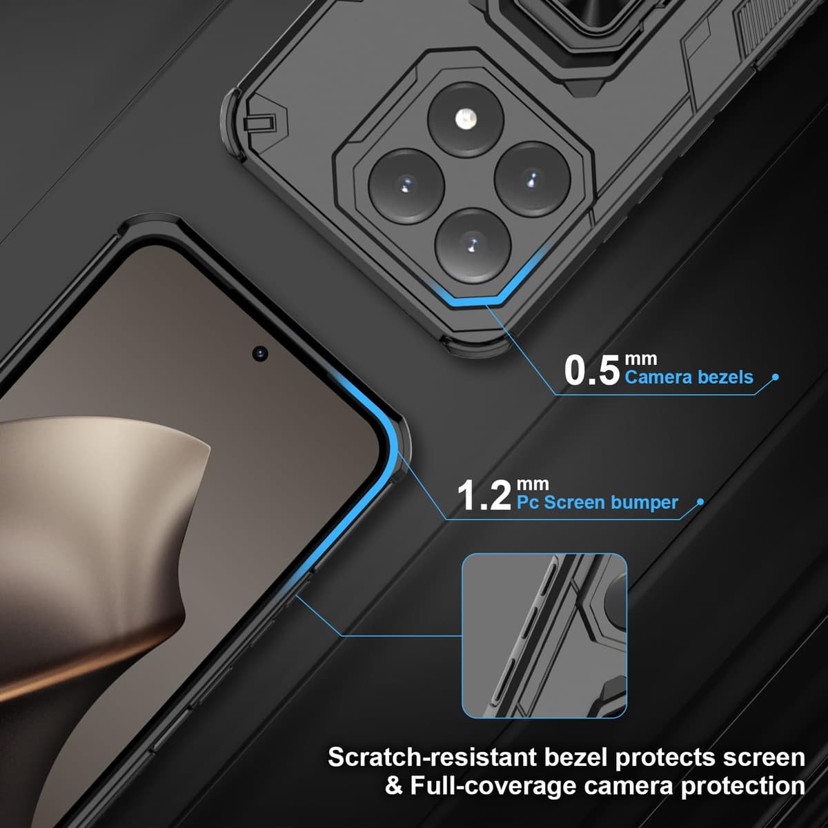 Funda para CMF Phone 2 Pro, Carcasa Antigolpes con Soporte anular metálico, Case Protectora de Grado Militar, Negro — view 600