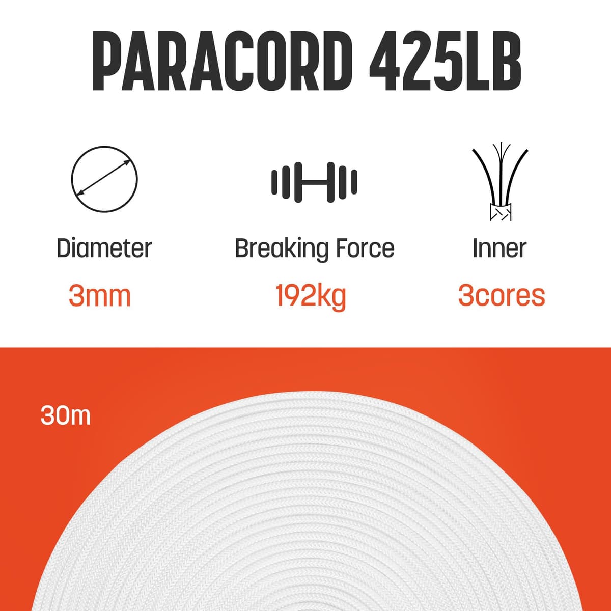 3mm Paracord 425 Tipo II 30m Blanco | 100% Nylon Cuerda 3 Hebras | Ideal para Al Aire Libre, Camping, Supervivencia, Bricolaje — view 3