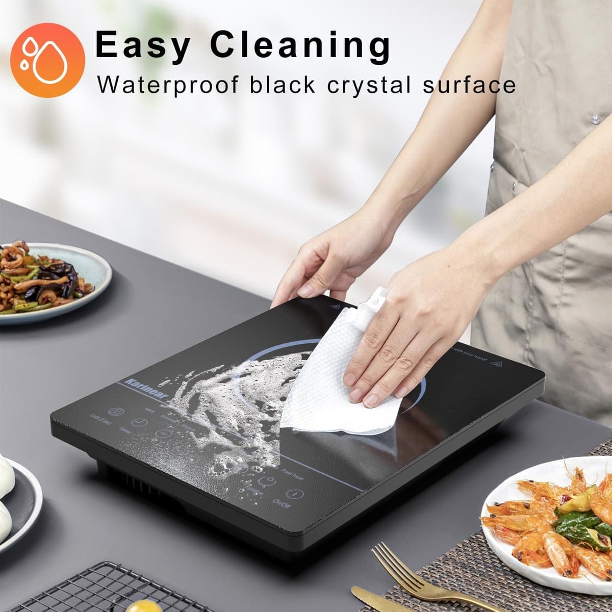 Karinear Portable Ceramic Hob Pulg in Single Electric Hob with 4-Hour Timer 9 Power Levels Up to 2000W, 8 Pre-set Functions Touch Sensor Control Safety Lock — view 4