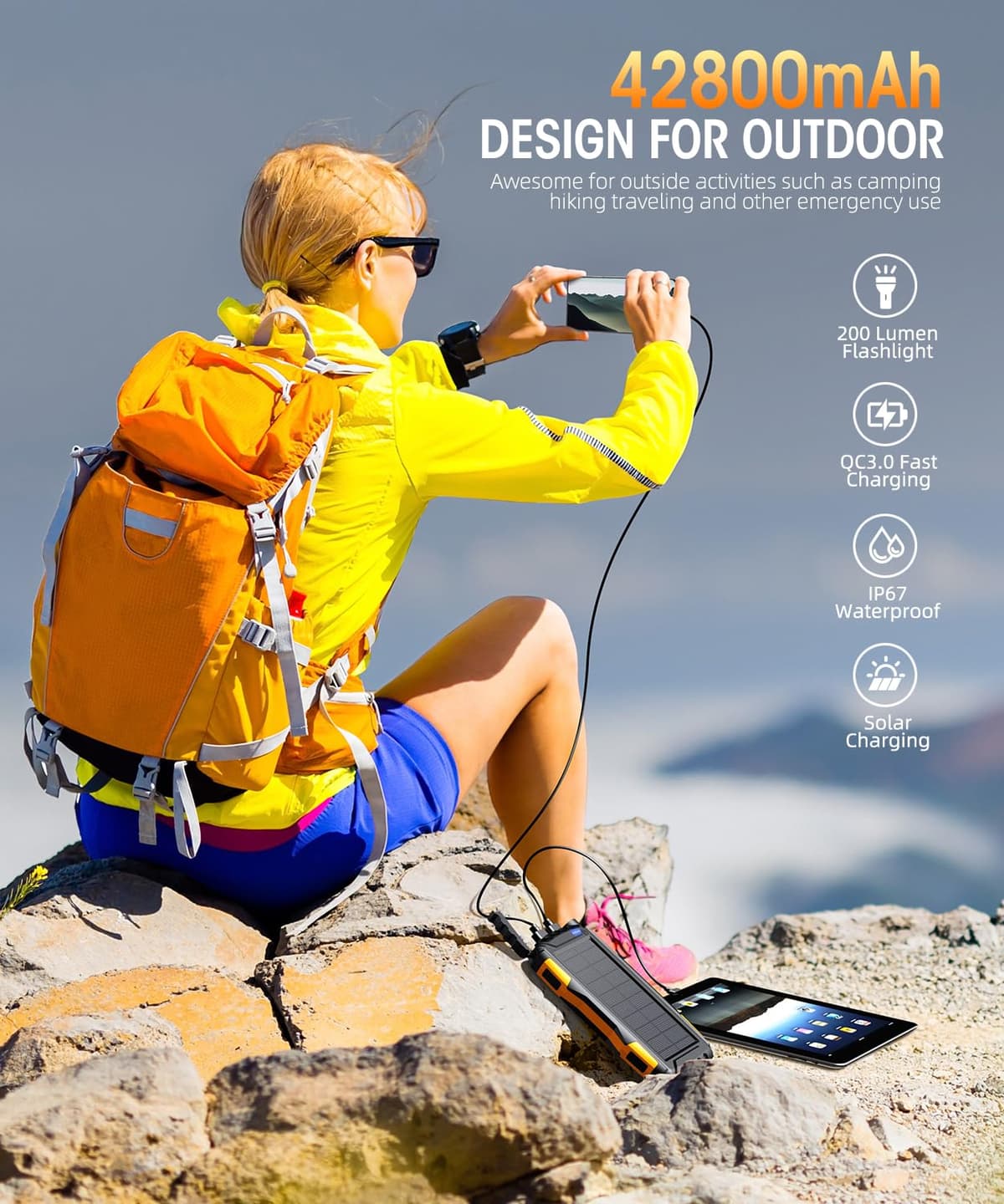 Power-Bank-Solar-Charger - 42800mAh Power Bank,Portable Charger,External Battery Pack 5V3.1A Qc 3.0 Fast Charging Built-in Super Bright Flashlight (Orange) — view 7