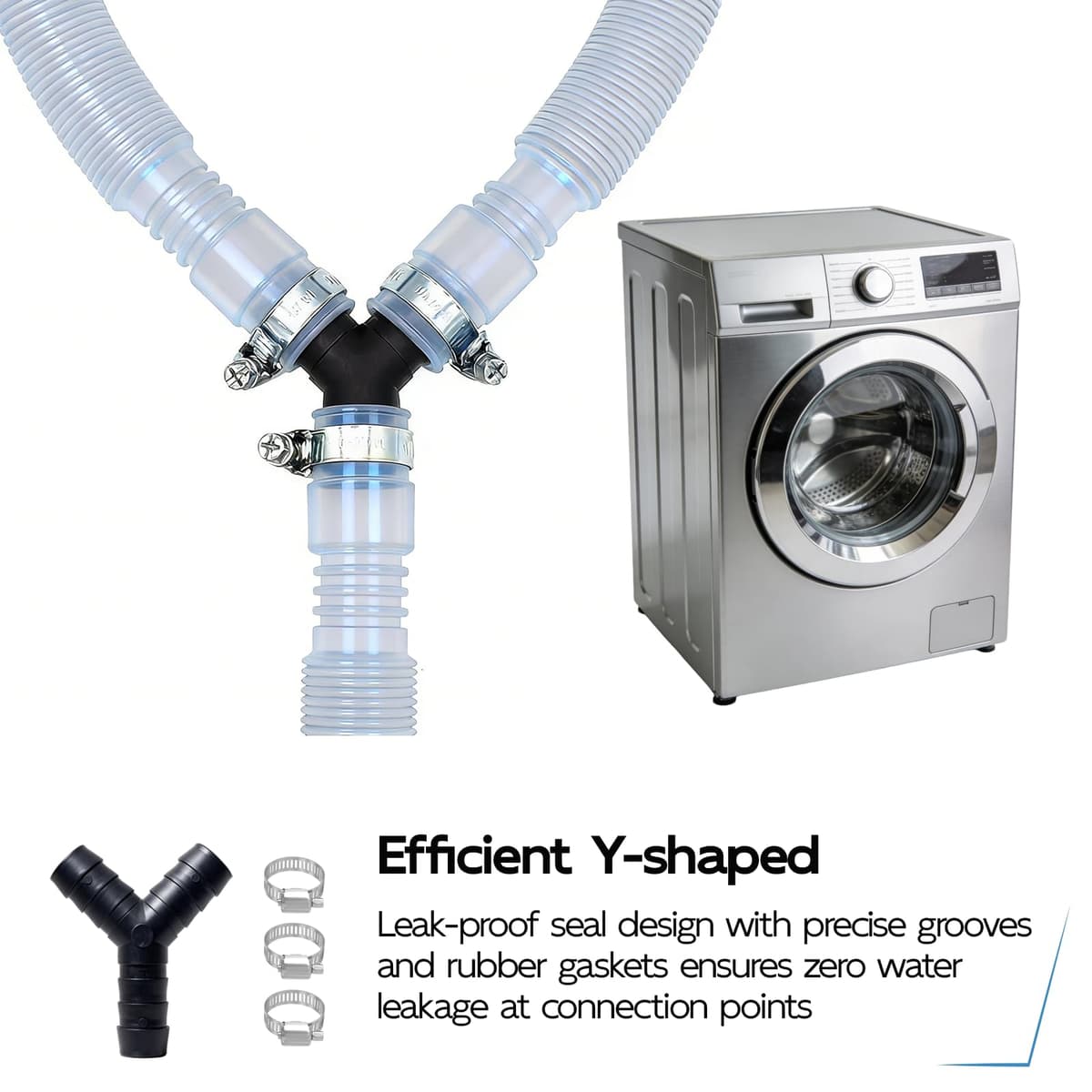 Distribuidor en Y de 2 vías modelo para Mangueras de Desagüe, Y Adaptor Desagüe para Lavadora y Lavavajillas, resistente hasta 120°C, incluye 3 abrazaderas de sujeción seguras — view 4