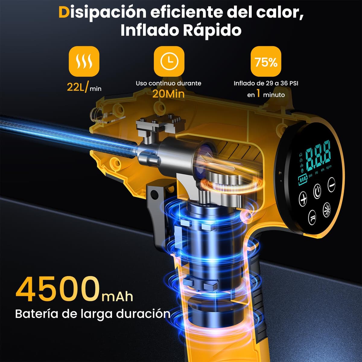 Ipflin Inflador Ruedas Coche 150PSI - 22L/min Compresor Aire Portátil Recargable, Inflador Eléctrico Inalámbrico con Pantalla Digital y Luz LED, 4 Modos Preestablecidos para Coche/Bicicleta/Moto/Balón — view 2
