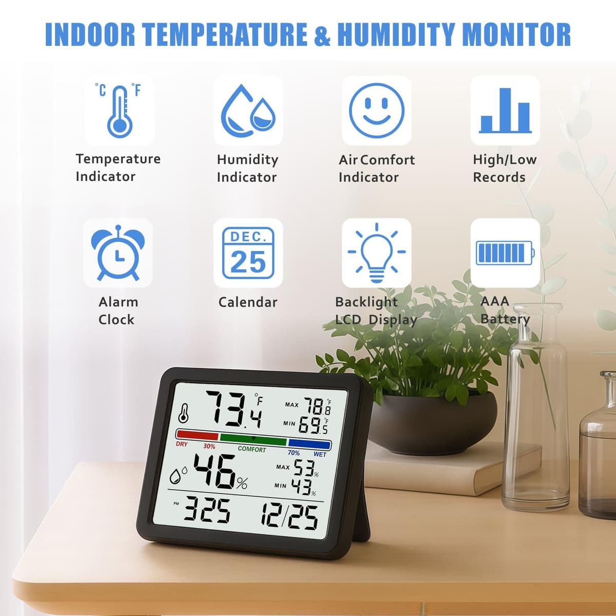 Digital Thermometer Hygrometer, Plumeet Indoor Wall Thermometer with Backlight, Digital Alarm Clock, Date, Air Comfort Indicator, Max Min Record, Desktop Thermometer for Home, Black — view 2