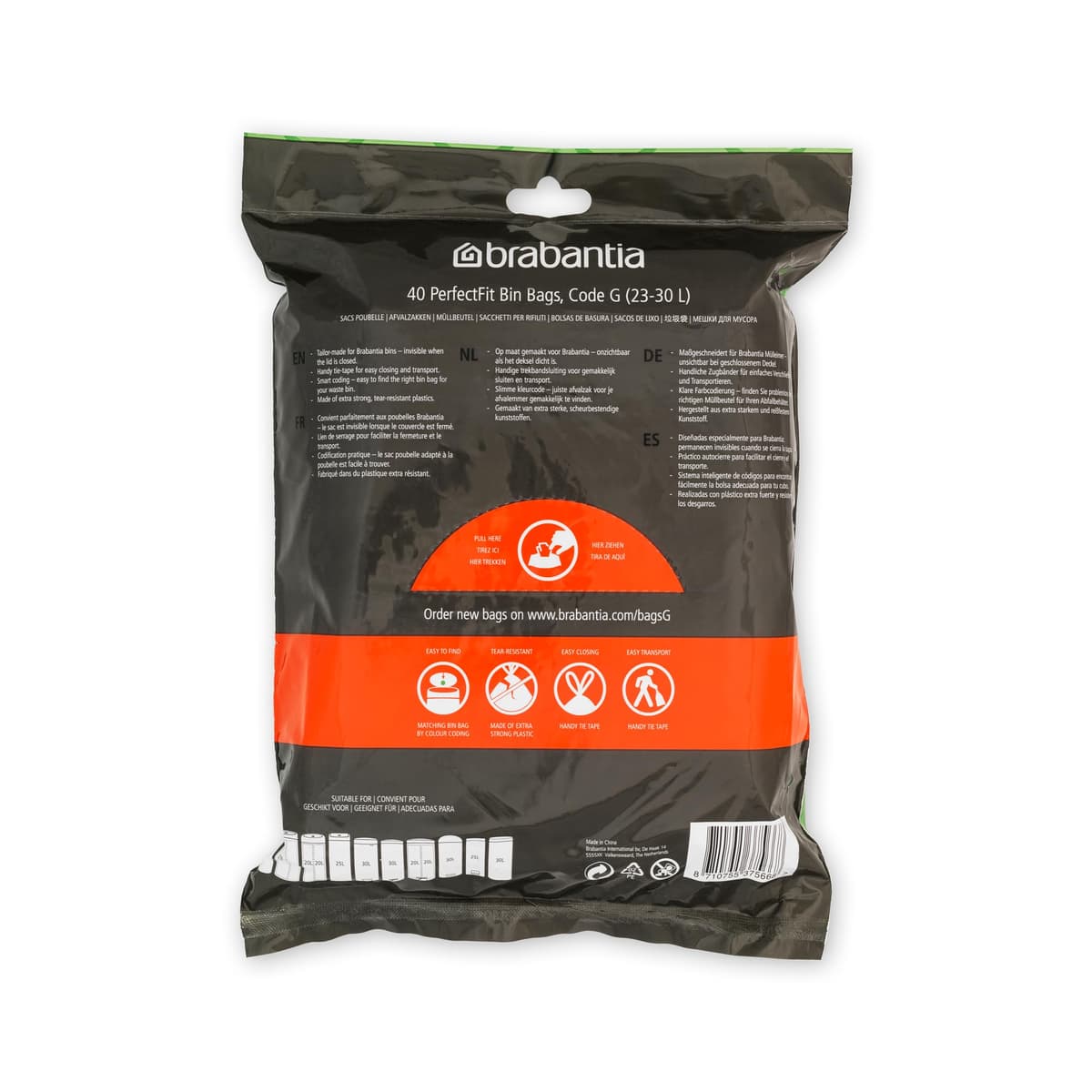 Brabantia PerfectFit Bin Liners (Size G/23-30 Litre) Thick Plastic Trash Bags with Tie Tape Drawstring Handles (40 Bags) — view 2