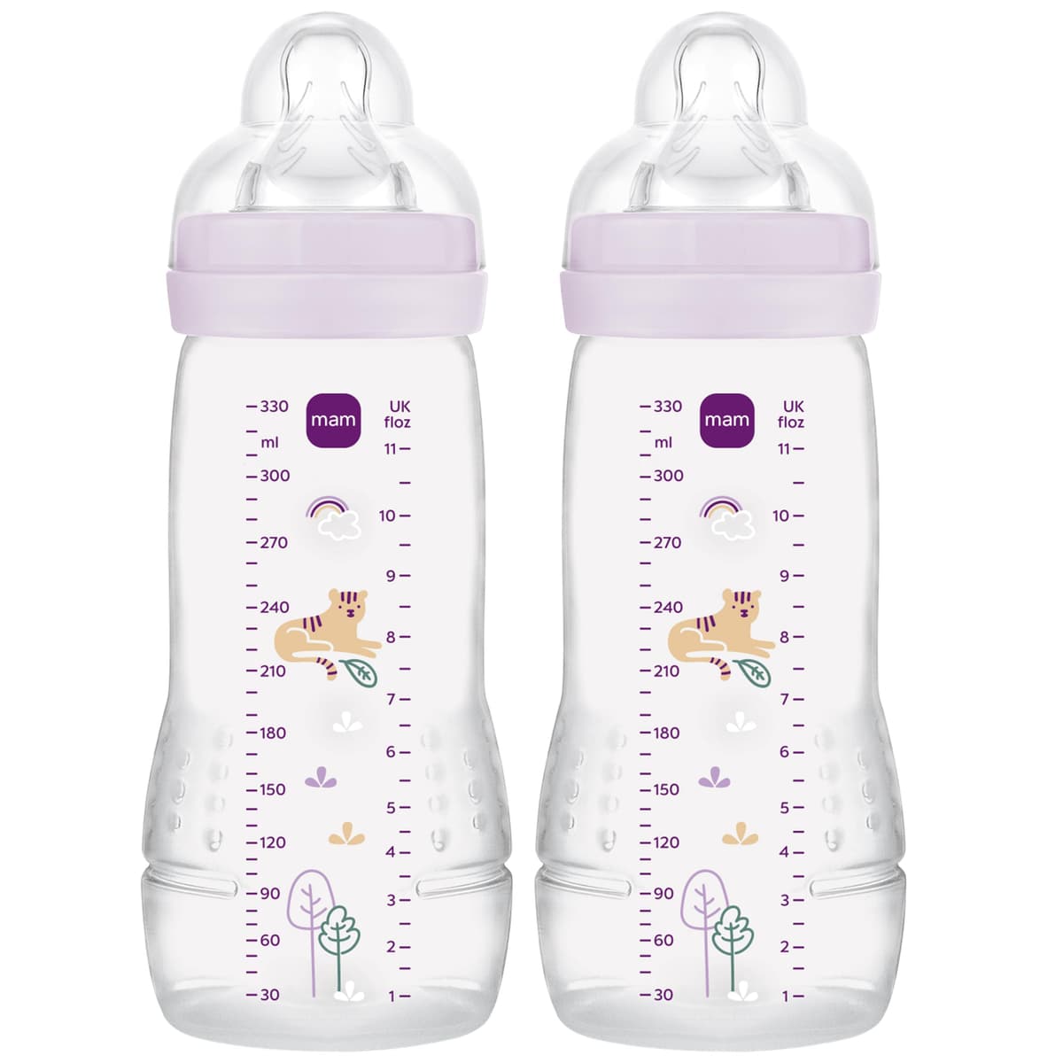 MAM Easy Active Bottles | 2 Pack (2 x 330ml) | Fast Flow MAM Teats Size 3 | Baby Accessories | Iris (Various Designs)