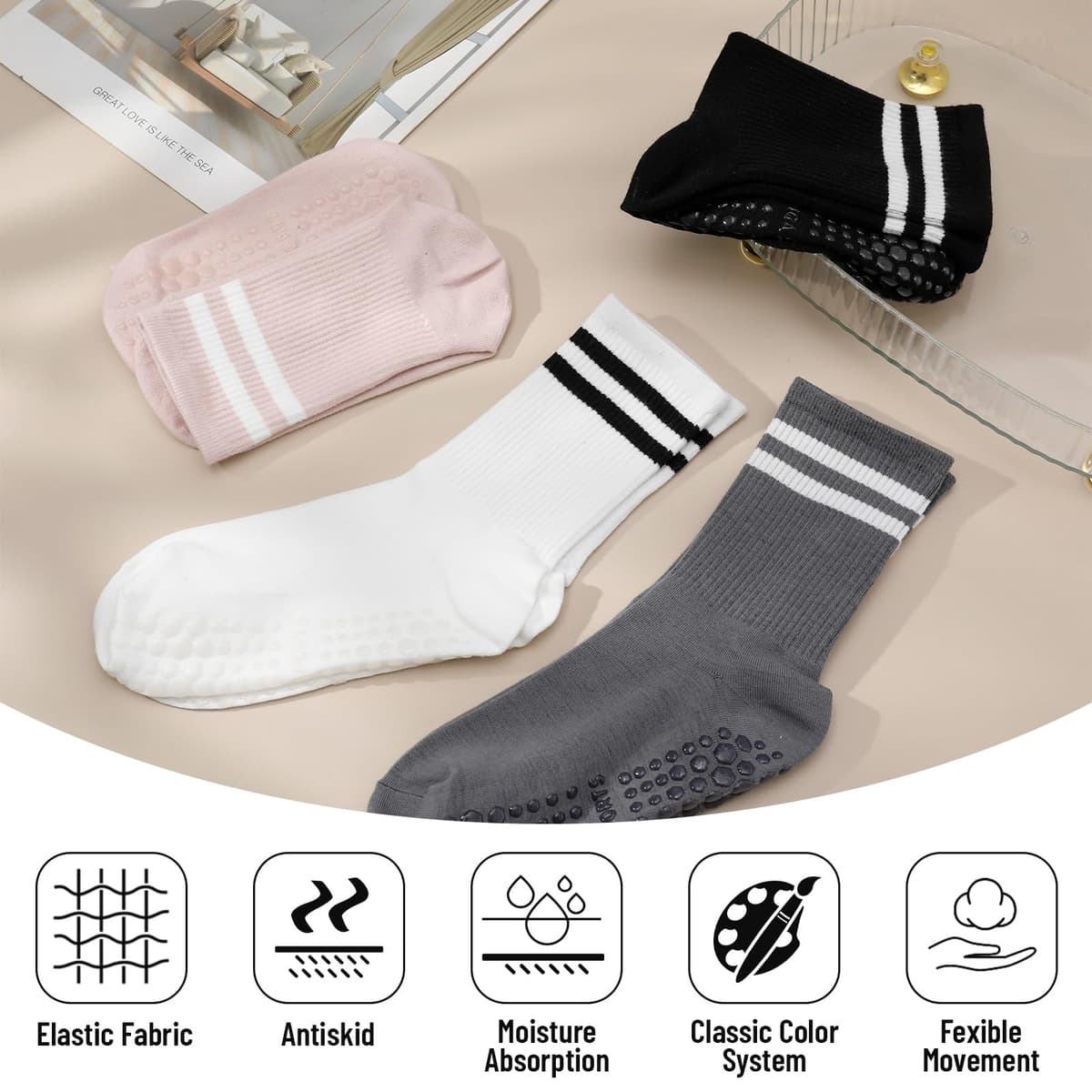 Zuimei Yoga Grip Socks Women, Non Slip Pilates Socks Grippy Socks Ladies Mid-Calf Grip Socks for Ballet Dance Workout Fitness Running — view 5